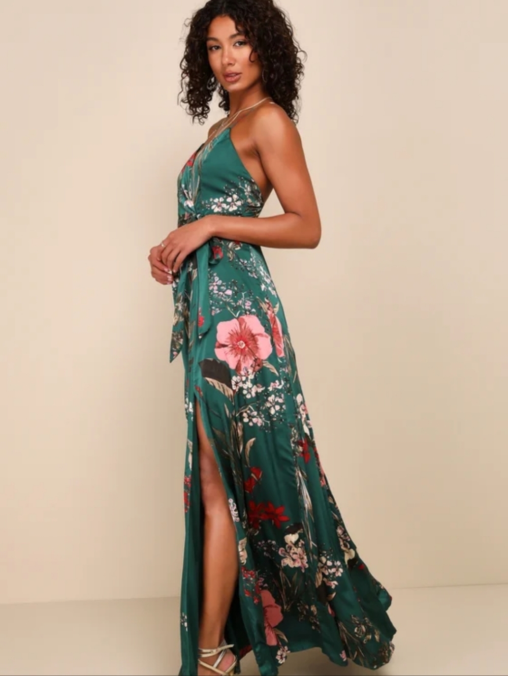 Lulu's Emerald Green Floral Wrap Maxi Dress with Pink & Red Accents - Picture 6 of 12